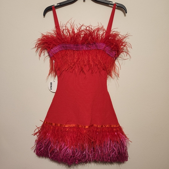 Dresses & Skirts - NWT STAUD Etta Dress Red and Purple Feathered Raffia Fringe Mini Dress